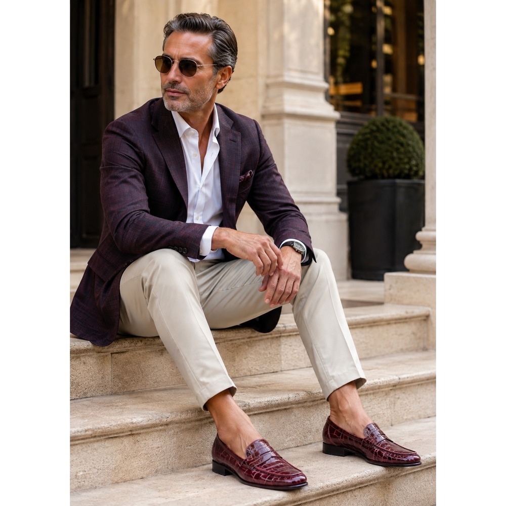 Bally Mens Burgundy Genuine Crocodile Leather Penny Loafers Italy 9.5 M Luxury